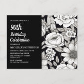 Zwart Wit Bloemen Vrouwen 90ste Verjaardag Uitnodiging Briefkaart (Voorkant)