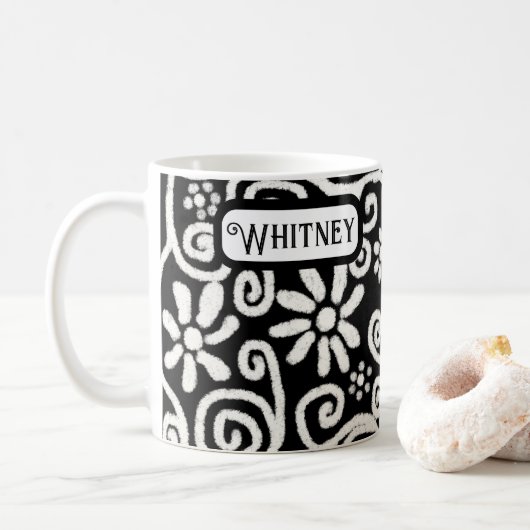 Zwart Wit Bloemen & Wervelingen Bloemen Gepersonal Koffiemok (Met donut)