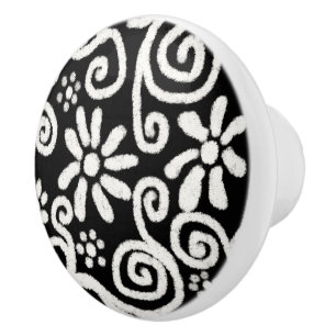 Zwart Wit Bloemen & Wervelingen Bloemen Patroon Keramische Knop