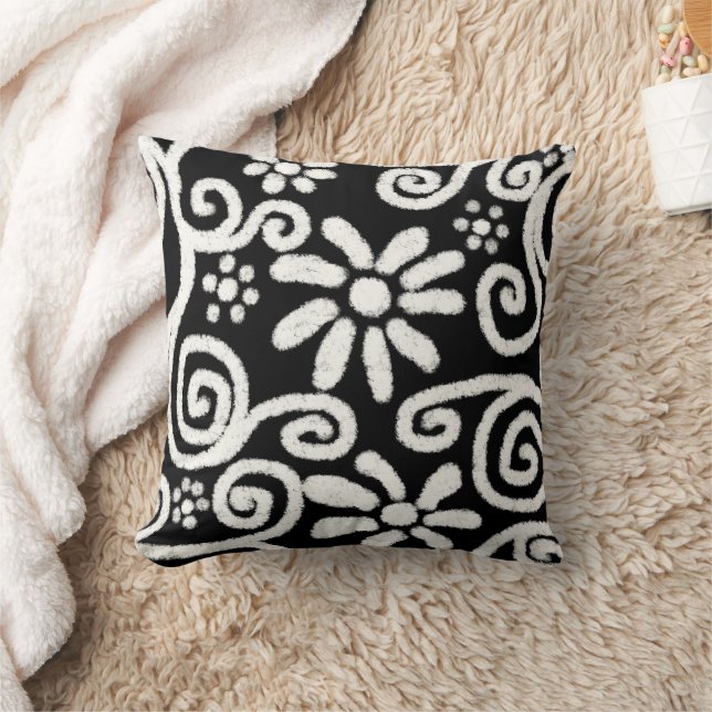 Zwart Wit Bloemen & Wervelingen Bloemen Patroon Kussen (Deken)