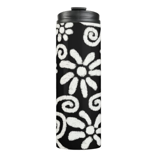 Zwart Wit Bloemen & Wervelingen Bloemen Patroon Thermosbeker (Voorkant)