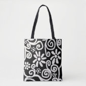 Zwart Wit Bloemen & Wervelingen Bloemen Patroon Tote Bag (Voorkant)