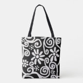 Zwart Wit Bloemen & Wervelingen Bloemen Patroon Tote Bag (Achterkant)