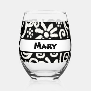 Zwart Wit Bloemen Wervelpatroon Gepersonaliseerd Wijnglas Zonder Voet
