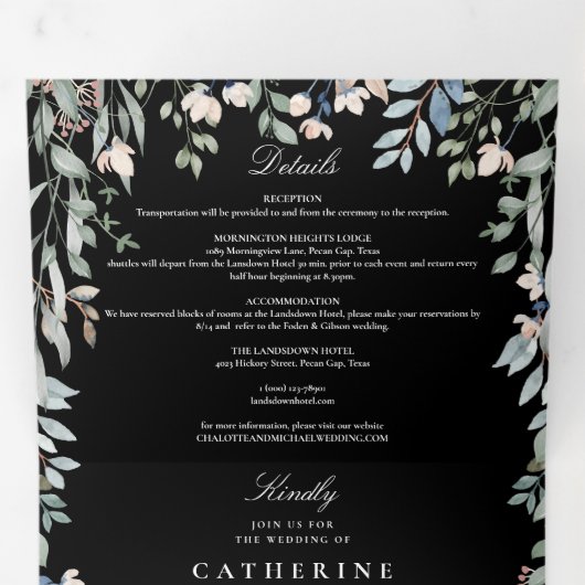 Zwart-wit bloemen Wildflowers Foto bruiloft Drieluik Uitnodiging (Binnenzijde eerst)