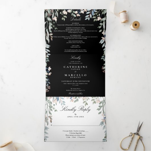 Zwart-wit bloemen Wildflowers Foto bruiloft Drieluik Uitnodiging (Binnen)