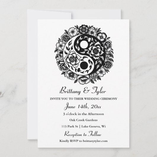 Zwart-wit Bloemen Yin Yang bruiloft Kaart (Voorkant)