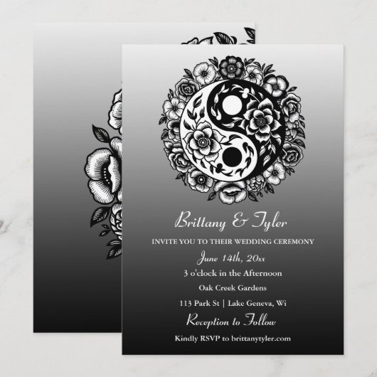 Zwart-wit Bloemen Yin Yang bruiloft Kaart (Voorkant / Achterkant)