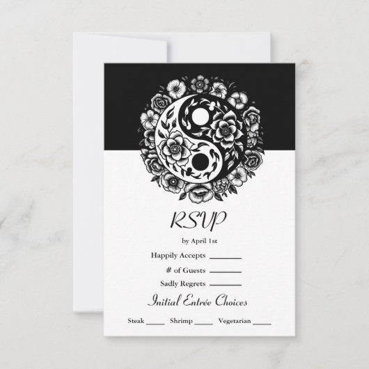 Zwart-wit Bloemen Yin Yang Bruiloft RSVP Kaart (Voorkant)