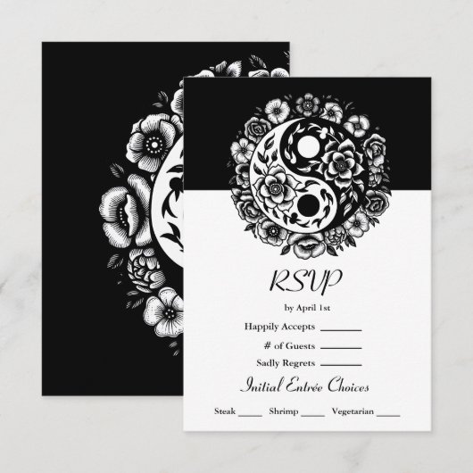 Zwart-wit Bloemen Yin Yang Bruiloft RSVP Kaart (Voorkant / Achterkant)