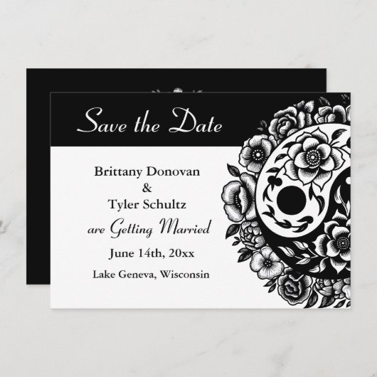 Zwart Wit Bloemen Yin Yang Bruiloft Save the Date Kaart (Voorkant / Achterkant)