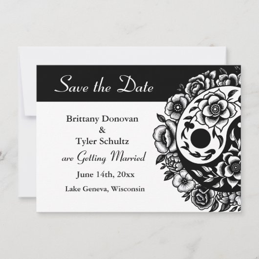 Zwart Wit Bloemen Yin Yang Bruiloft Save the Date Kaart (Voorkant)