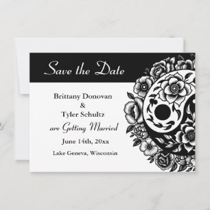 Zwart Wit Bloemen Yin Yang Bruiloft Save the Date Kaart