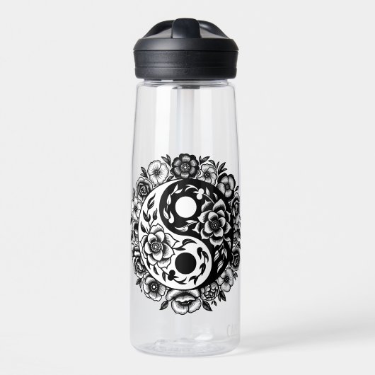  Zwart-wit Bloemen Yin Yang Personaliseren Waterfles (Voorkant)
