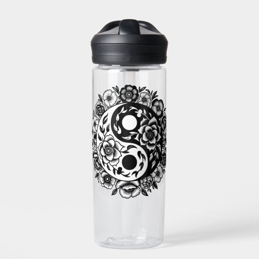  Zwart-wit Bloemen Yin Yang Personaliseren Waterfles (Voorkant)