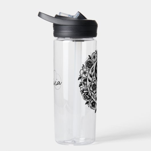  Zwart-wit Bloemen Yin Yang Personaliseren Waterfles (Rechts)