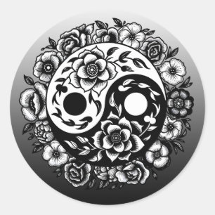  Zwart-wit Bloemen Yin Yang Ronde Sticker