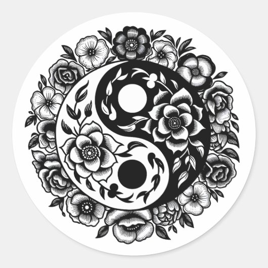 Zwart-wit Bloemen Yin Yang Ronde Sticker (Voorkant)