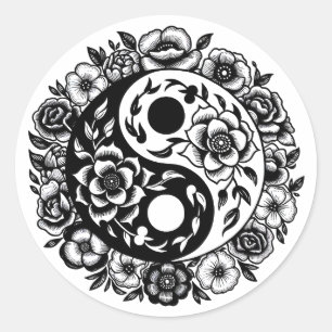 Zwart-wit Bloemen Yin Yang Ronde Sticker