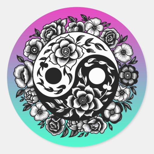  Zwart-wit Bloemen Yin Yang Ronde Sticker (Voorkant)