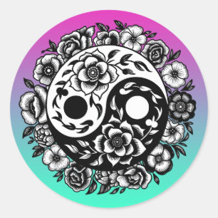 Zwart-wit Bloemen Yin Yang Ronde Sticker