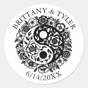 Zwart-wit Bloemen Yin Yang Ronde Sticker