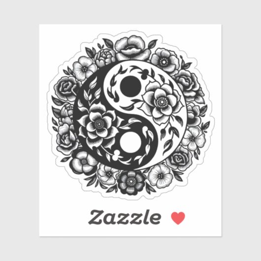 Zwart-wit Bloemen Yin Yang Sticker (Vel)