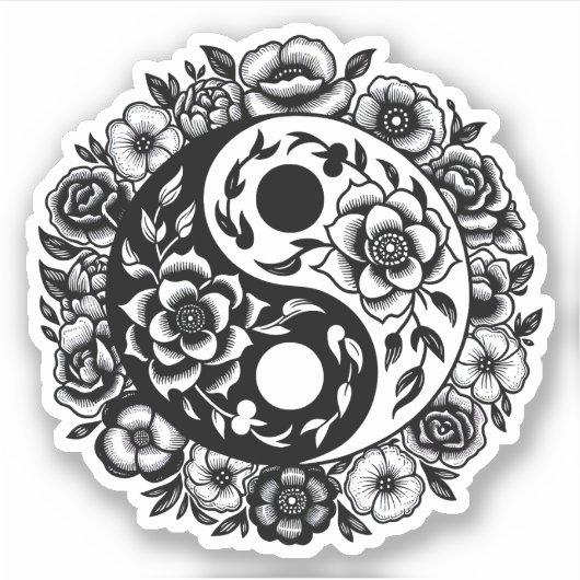  Zwart-wit Bloemen Yin Yang Sticker (Voorkant)