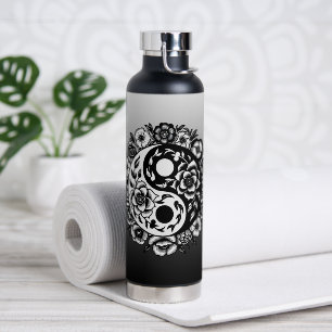  Zwart-wit Bloemen Yin Yang Water Bottl Waterfles