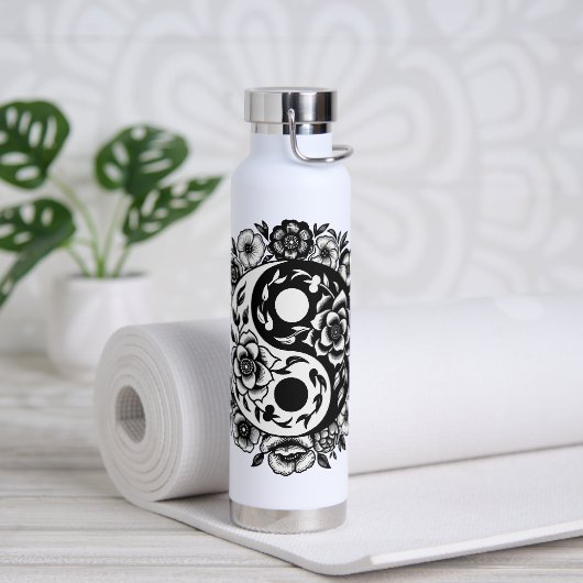 Zwart-wit Bloemen Yin Yang Waterfles (Yoga)