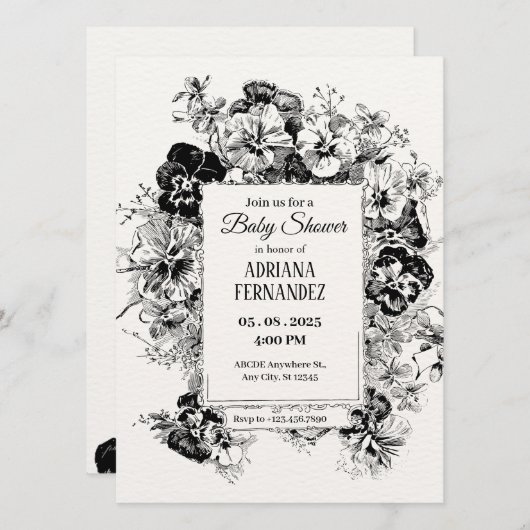 Zwart-wit bloemenartistiek Baby shower Kaart (Voorkant / Achterkant)