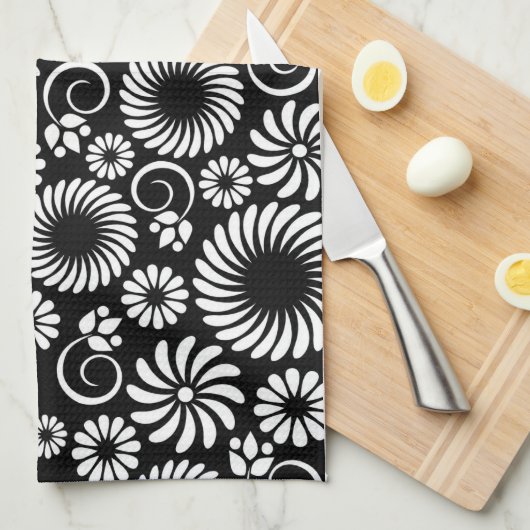 Zwart-wit bloemenbadhanddoek theedoek (Quarter Fold)