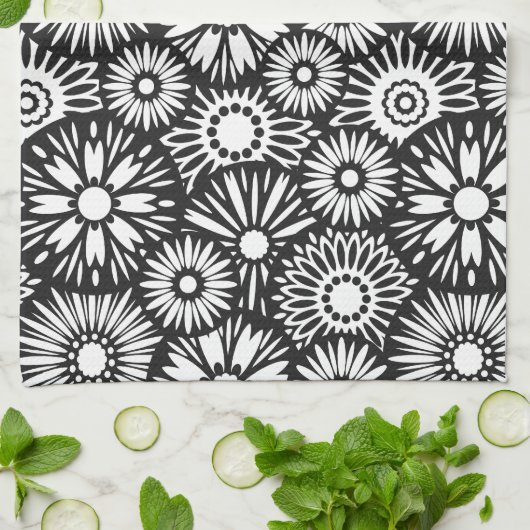 Zwart-wit bloemenbadhanddoek theedoek (Gevouwen)