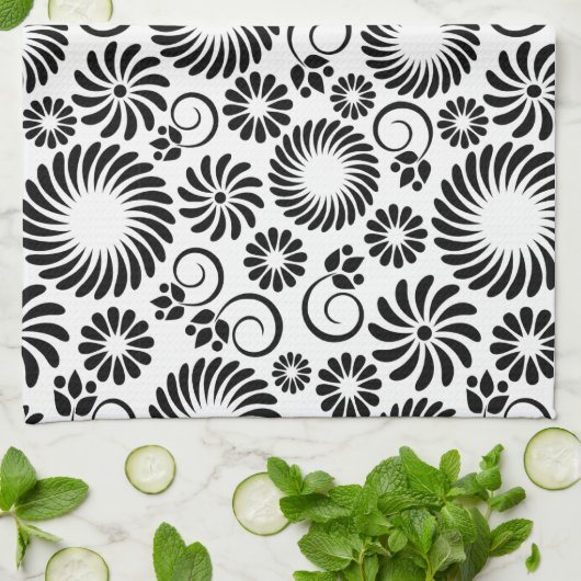 Zwart-wit bloemenbadhanddoek theedoek (Gevouwen)