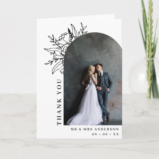 Zwart & Wit Bloemenboog Foto Bruiloft Gevouwen Bedankkaart (Voorkant)