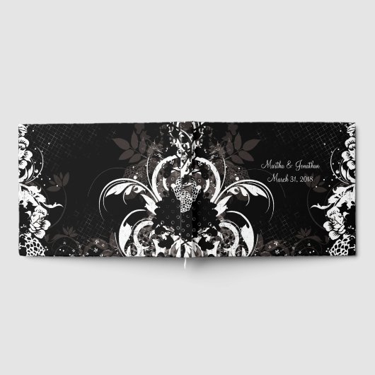 Zwart wit bloemenbruiloft bruids gastenboek (Volledig)