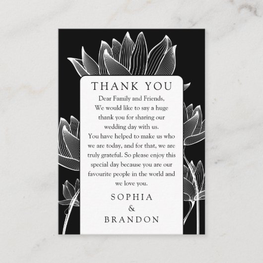 Zwart-wit bloemenbruiloft dank u plaatskaartje (Voorkant)