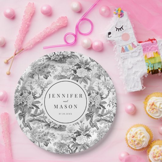 Zwart wit bloemenbruiloft monogram papier borden papieren bordje (Feest)