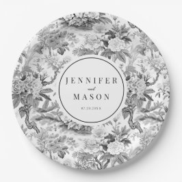 Zwart wit bloemenbruiloft monogram papier borden papieren bordje