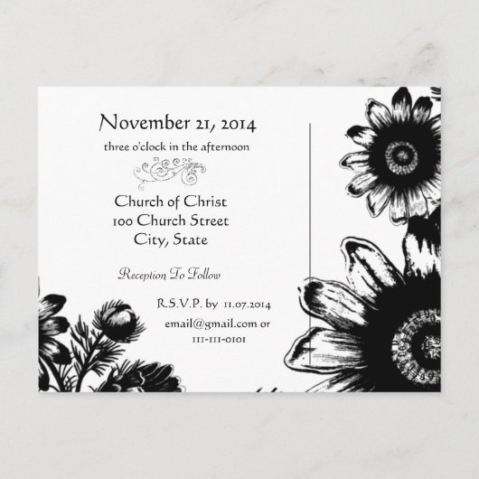 Zwart-wit  bloemenbruiloft uitnodiging briefkaart (Achterkant)