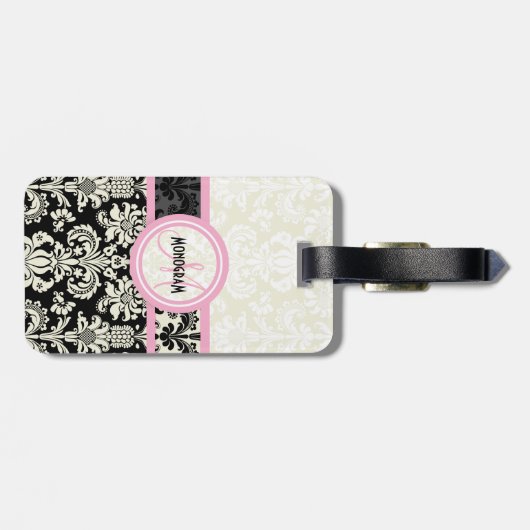 Zwart & Wit Bloemendamask aangepast Bagagelabel (Achterkant horizontaal)