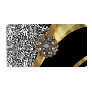 Zwart & wit bloemendamast patroon etiket