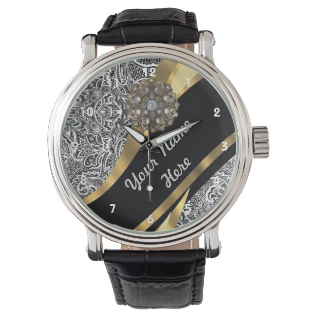 Zwart & wit bloemendamast patroon horloge (Voorkant)