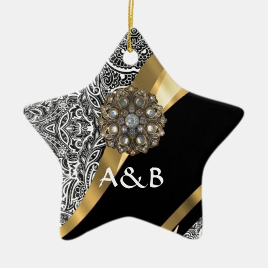 Zwart & wit bloemendamast patroon keramisch ornament (Voorkant)