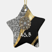 Zwart & wit bloemendamast patroon keramisch ornament (Links)