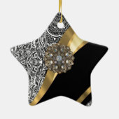 Zwart & wit bloemendamast patroon keramisch ornament (Achterkant)