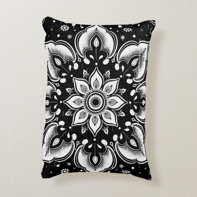 Zwart-wit bloemendeken kussen met mandala-ontwerp (Achterkant (Verticaal))