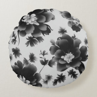 Zwart & Wit Bloemendesign #1 Rond Kussen