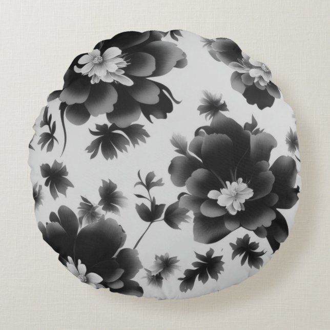 Zwart & Wit Bloemendesign #1 Rond Kussen (Voorkant)
