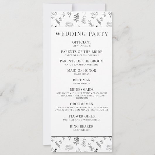 Zwart wit bloemeneenvoudige trouwprogrammakaart (Achterkant)